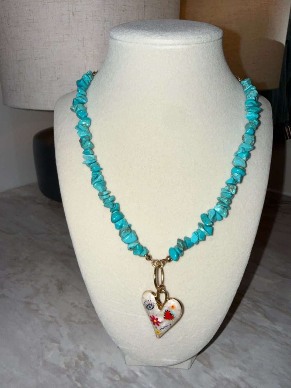 Turquoise Chip Bead Necklace with Heart Pendant - Women Jewelry - Picture 2 of 4